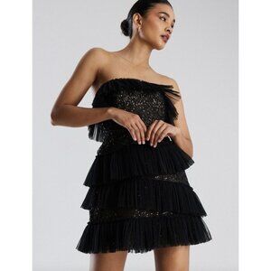 BCBGMAXAZRIA Sequin Lace & Pleated Iba Tulle Black Womens Size 6